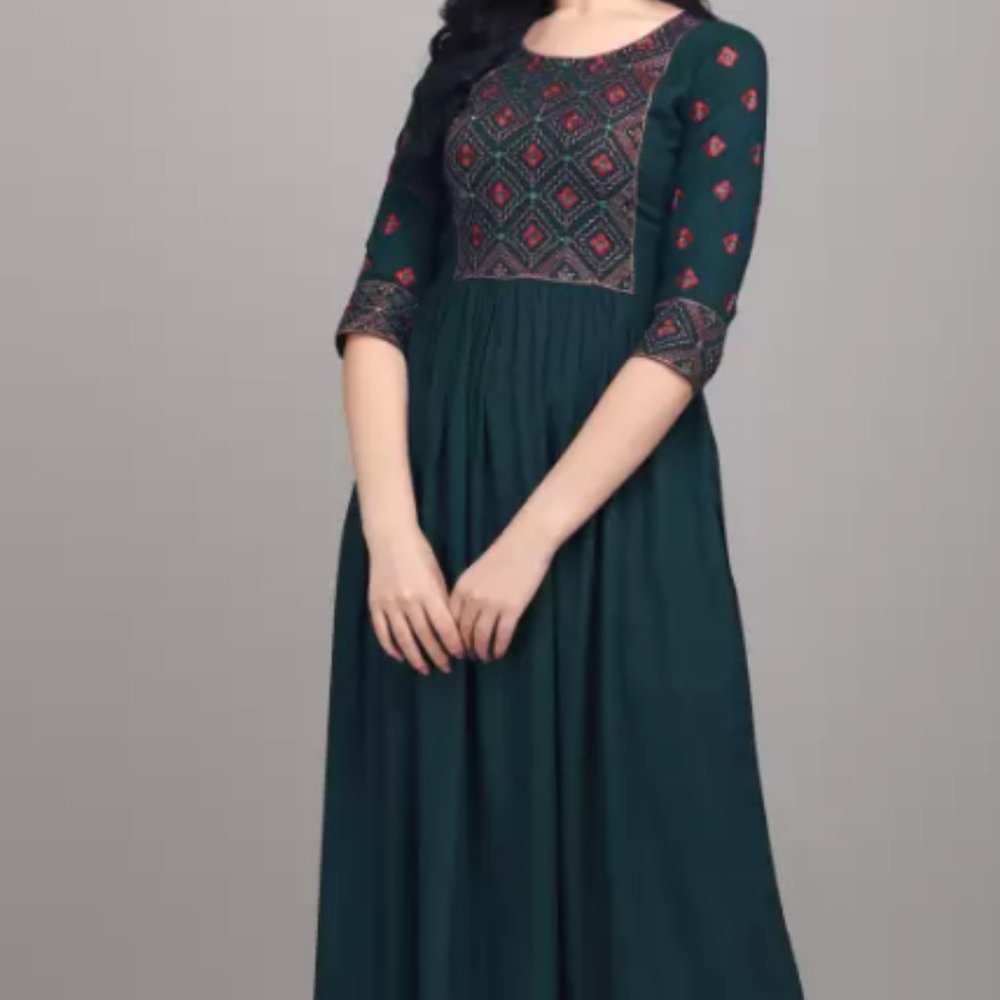 NEW Women Embroidered Viscose Rayon Anarkali Kurta  (Dark Green)